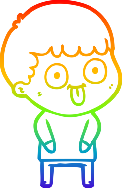 rainbow gradient line drawing of a cartoon dumb kid drawn by a human