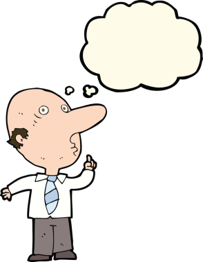 Bir insan tarafından çizilmiş düşünce baloncuğuyla soru soran kel bir adam.