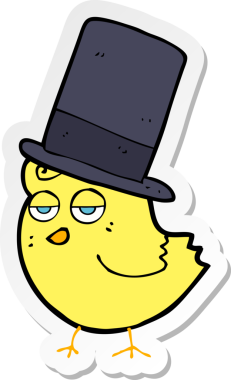 Bir insan tarafından çizilmiş silindir şapkalı çizgi film kuşunun çıkartması.