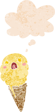 Karikatür dondurmayı şok etti. Düşünce baloncuğu, grunge, sıkıntılı retro stili bir insan tarafından çizilmiş.