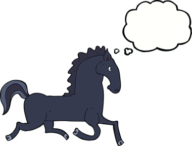 Bir insan tarafından çizilmiş düşünce balonlu siyah aygır.