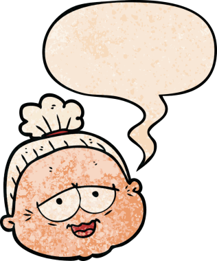 Bir insan tarafından çizilmiş eski moda konuşma baloncuğu olan yaşlı kadın çizgi filmi.