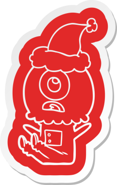 Bir insan tarafından çizilmiş Noel Baba şapkası giyen bir Tepegöz 'ün garip çizgi film çıkartması.