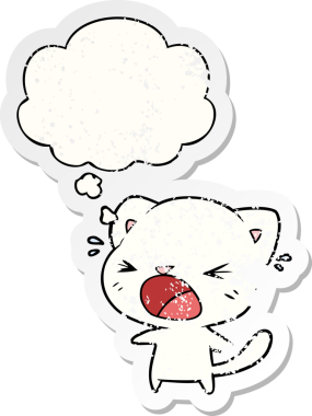 Düşünce baloncuğuyla ağlayan çizgi film kedisi insan tarafından çizilmiş yıpranmış bir çıkartma gibi.