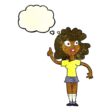 Bir insan tarafından çizilen düşünce baloncuğuyla nokta koyan çizgi film kadını.