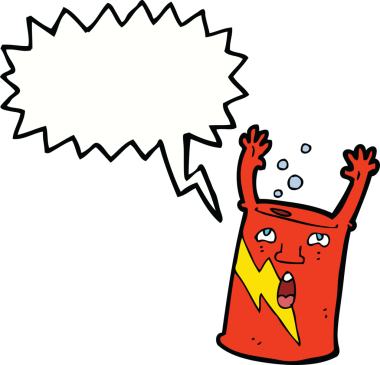 bir insan tarafından çizilmiş konuşma balonlu bir soda kutusu karakteri.