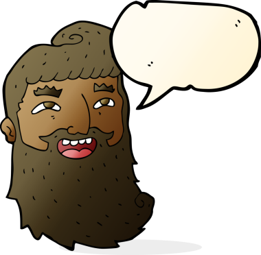 Bir insan tarafından çizilmiş konuşma balonuyla gülen sakallı bir çizgi film adamı.