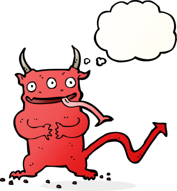 Bir insan tarafından çizilmiş düşünce baloncuğu olan küçük bir iblis.