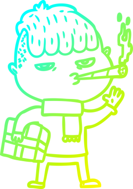 Bir insan tarafından çizilmiş noel hediyesini taşıyan bir çizgi film karakterinin çizimi.