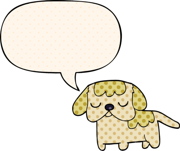 Bir insan tarafından çizilmiş çizgi roman tarzı konuşma balonu olan şirin bir köpek yavrusu.