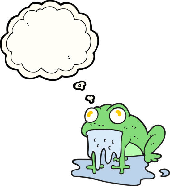 Düşünce baloncuğu karikatürü. Bir insan tarafından çizilmiş iğrenç küçük kurbağa.