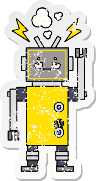 Bir insan tarafından çizilmiş sevimli bir robot çizgi film çıkartması.