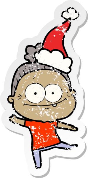 Bir insan tarafından çizilmiş Noel Baba şapkası takan mutlu yaşlı bir kadının el yazısı.