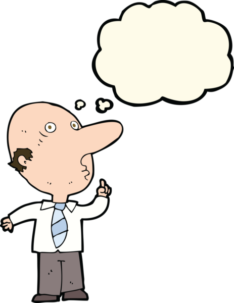 Bir insan tarafından çizilmiş düşünce baloncuğuyla soru soran kel bir adam.