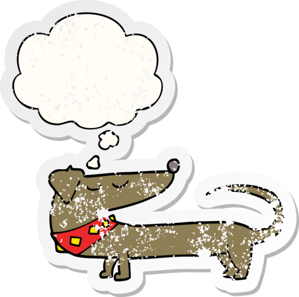 Düşünce baloncuğu olan çizgi film köpeği insan tarafından çizilmiş yıpranmış bir çıkartma gibi.