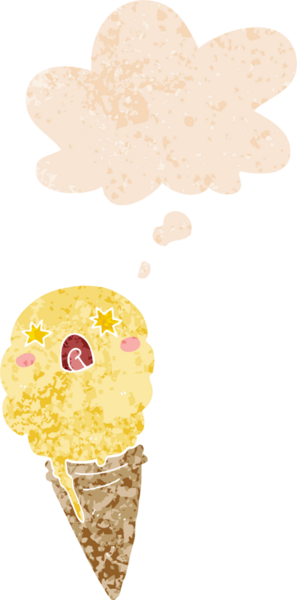 Karikatür dondurmayı şok etti. Düşünce baloncuğu, grunge, sıkıntılı retro stili bir insan tarafından çizilmiş.