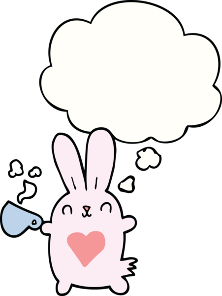 Sevgi dolu bir kalbi ve bir insan tarafından çizilmiş düşünce balonlu kahve fincanı olan sevimli çizgi film tavşanı.