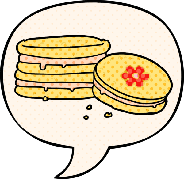 Bir insan tarafından çizilmiş çizgi roman tarzında konuşma baloncuklu çizgi film bisküvisi.