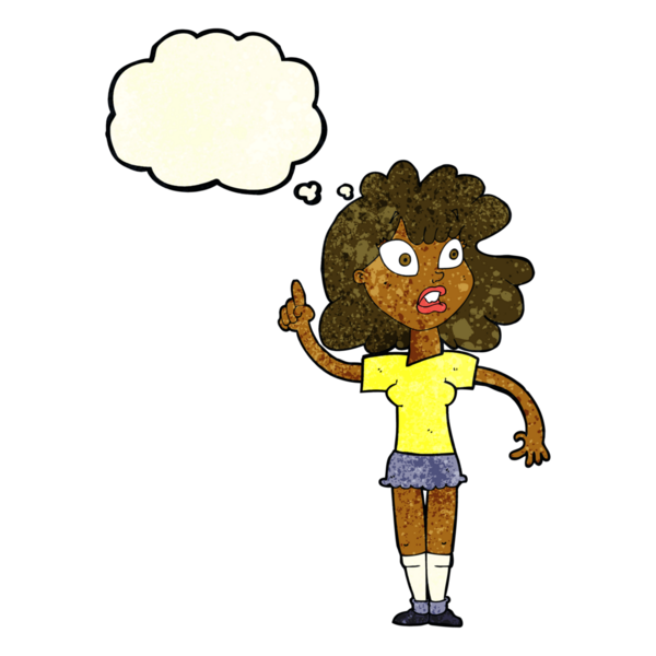 Bir insan tarafından çizilen düşünce baloncuğuyla nokta koyan çizgi film kadını.