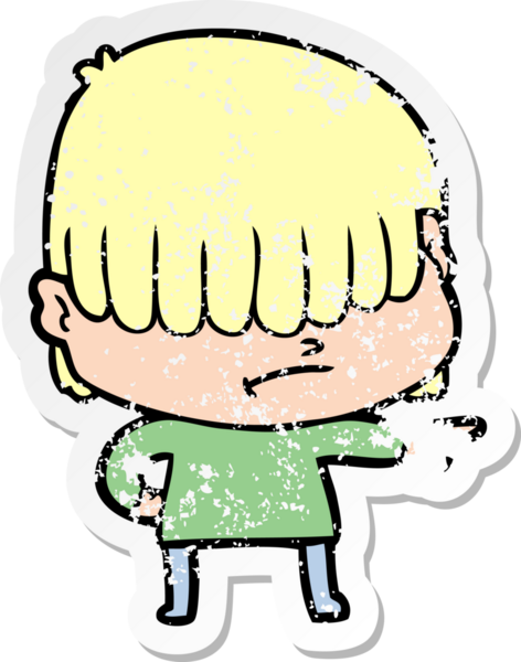 Bir insan tarafından çizilmiş dağınık saçlı bir çizgi film çocuğunun sıkıntılı çıkartması.