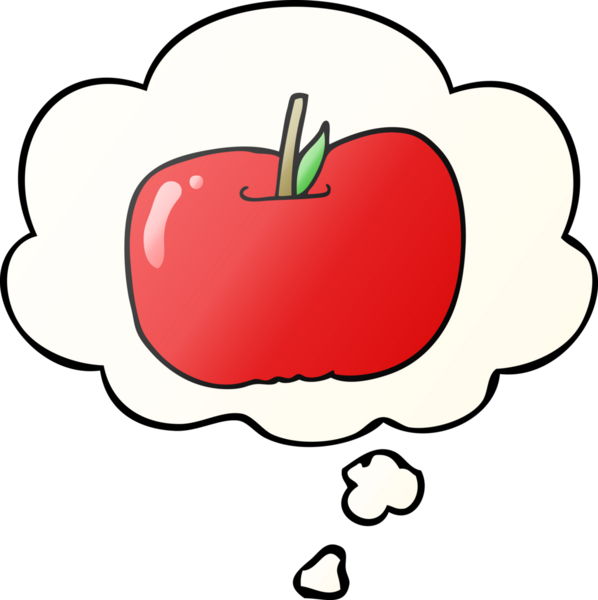 bir insan tarafından çizilmiş yumuşak eğimli düşünce baloncuklu çizgi film elması