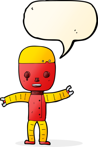 Bir insan tarafından çizilmiş konuşma balonu olan çizgi film robotu.