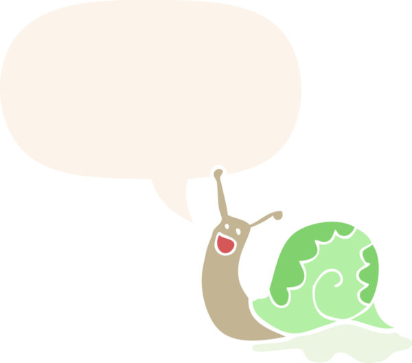 Bir insan tarafından çizilmiş konuşma baloncuğu olan sevimli çizgi film salyangozu.