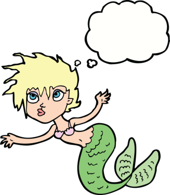 Bir insan tarafından çizilmiş düşünce baloncuklu karikatür denizkızı.