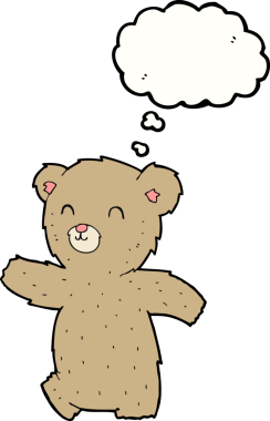 Bir insan tarafından çizilmiş düşünce baloncuğu olan sevimli çizgi film ayısı.