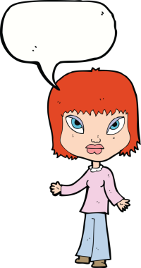 Bir insan tarafından çizilmiş konuşma balonlu açık kollu çizgi film kadını.