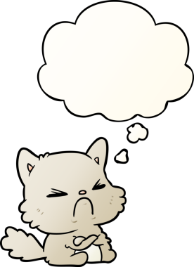 Bir insan tarafından çizilmiş yumuşak eğimli düşünce baloncuklu kızgın kedi çizgi filmi.