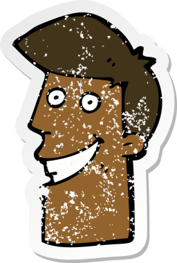 Bir insan tarafından çizilmiş sırıtan bir çizgi film karakterinin kederli retro yapıştırması.