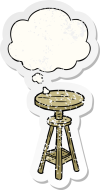 Düşünce baloncuğu olan karikatür sanatçısı taburesi insan tarafından çizilmiş yıpranmış bir çıkartma gibi.