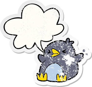 Konuşma baloncuğu olan karikatür pengueni bir insan tarafından çizilmiş sıkıntılı eski bir çıkartma