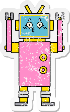 Bir insan tarafından çizilmiş sevimli bir robot çizgi film çıkartması.