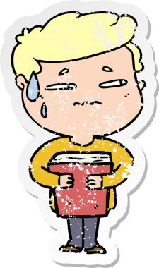 Bir insan tarafından çizilmiş kitabı taşıyan endişeli bir çocuğun sıkıntılı çıkartması.