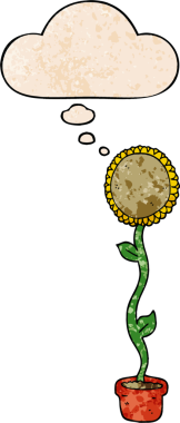 Bir insan tarafından çizilmiş grunge desenli düşünce baloncuklu ayçiçeği çizgi filmi.