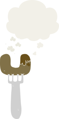 İnsan tarafından çizilmiş düşünce baloncuklu çatal üzerinde çizgi film sosisi.