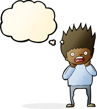 Bir insan tarafından çizilen düşünce baloncuğuyla panikleyen çizgi film adamı.