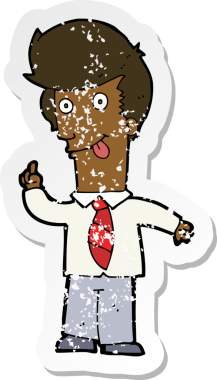 Bir insan tarafından çizilmiş çılgın bir fikri olan karikatürcü ofis adamının gerilimli retro yapıştırması.