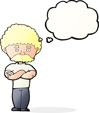 Bir insan tarafından çizilmiş düşünce balonuyla kollarını kavuşturmuş çizgi film babası.