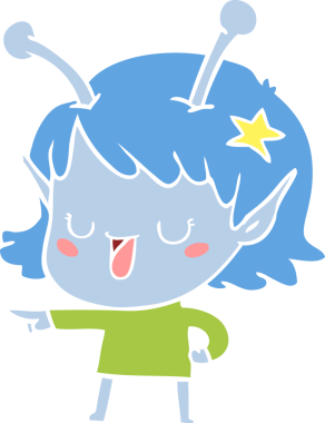 Mutlu uzaylı kız düz renkli çizgi film bir insan tarafından çizildi.