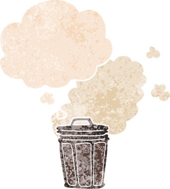 çizgi film kokuşmuş çöp tenekesi. Düşünce baloncuğu ile grunge sıkıntılı retro desen tarzı bir insan tarafından çizilmiş.