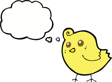 Bir insan tarafından çizilmiş düşünce baloncuklu çizgi film kuşu.