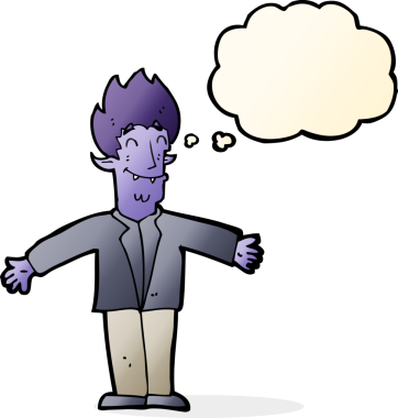 Bir insan tarafından çizilmiş düşünce balonlu mutlu vampir çizgi filmi.