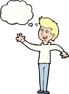 Bir insan tarafından çizilmiş düşünce baloncuğuyla el sallayan çizgi film adamı.