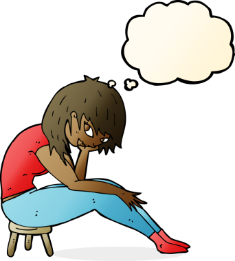 Bir insan tarafından çizilmiş düşünce baloncuğuyla küçük bir taburede oturan çizgi film kadını.