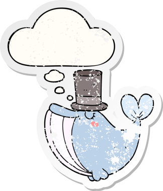 Düşünce baloncuklu silindir şapkalı çizgi film balinası insan tarafından çizilmiş yıpranmış bir çıkartma.