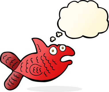 Bir insan tarafından çizilmiş düşünce baloncuklu çizgi film balığı.