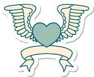 Bir insanın çizdiği kanatlı bir kalbin bayrağıyla dövme stili çıkartması.